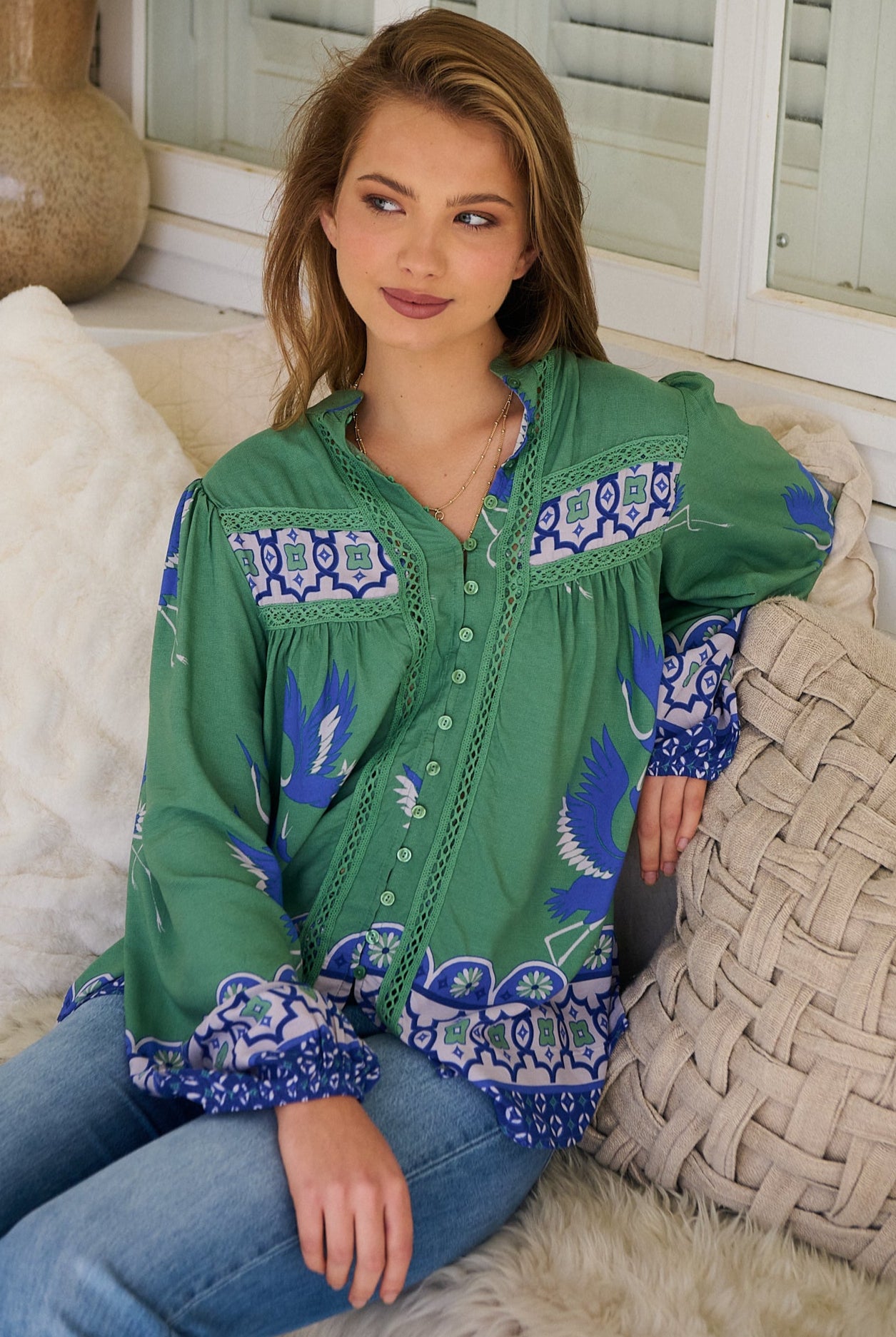 Model wears rayon Boho blouse with vintage print - feminine & effortless