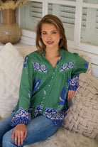 Model wears rayon Boho blouse with vintage print - feminine & effortless