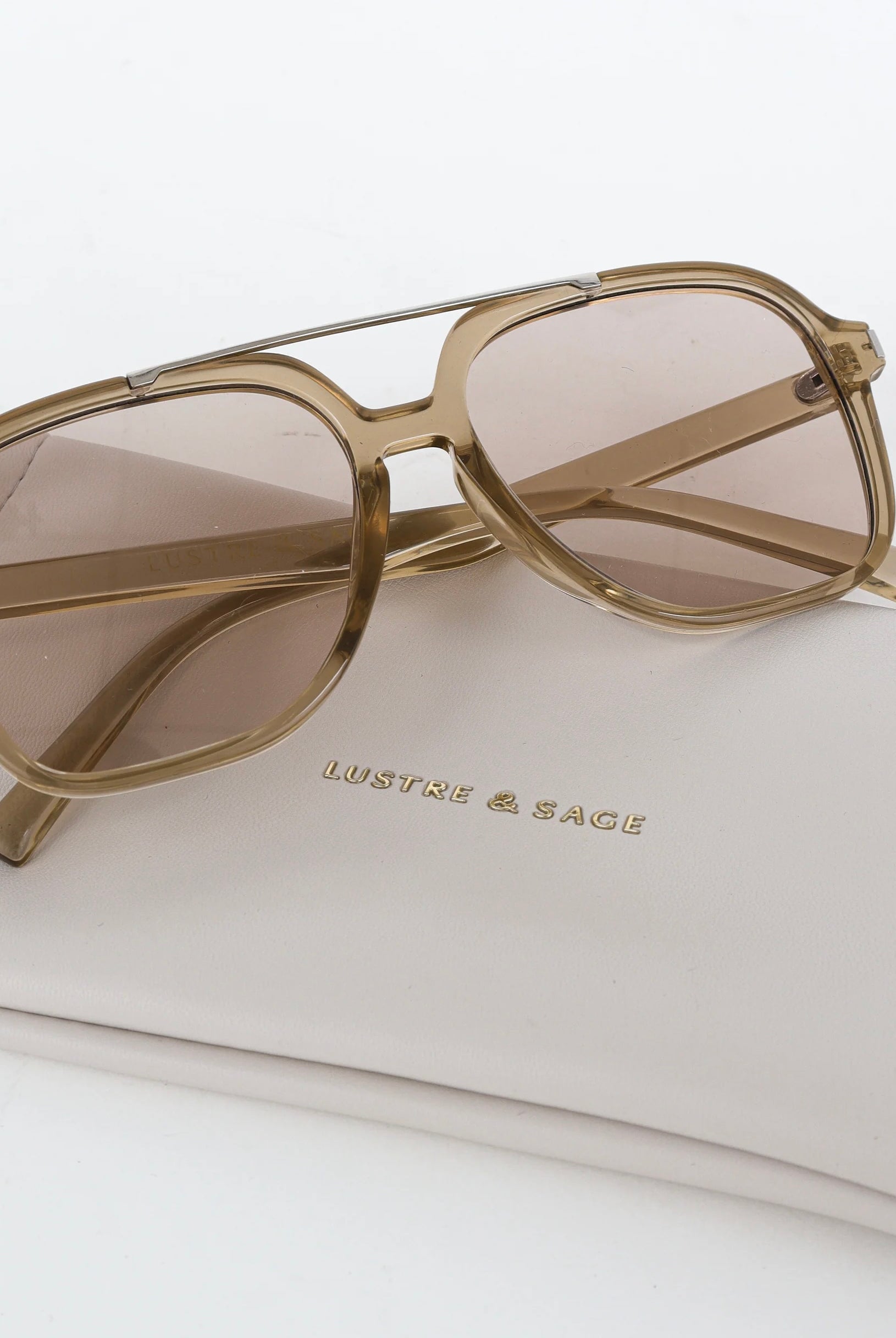 Lustre & Sage Giselle clear grey oversized square aviator sunglasses with smoke lenses