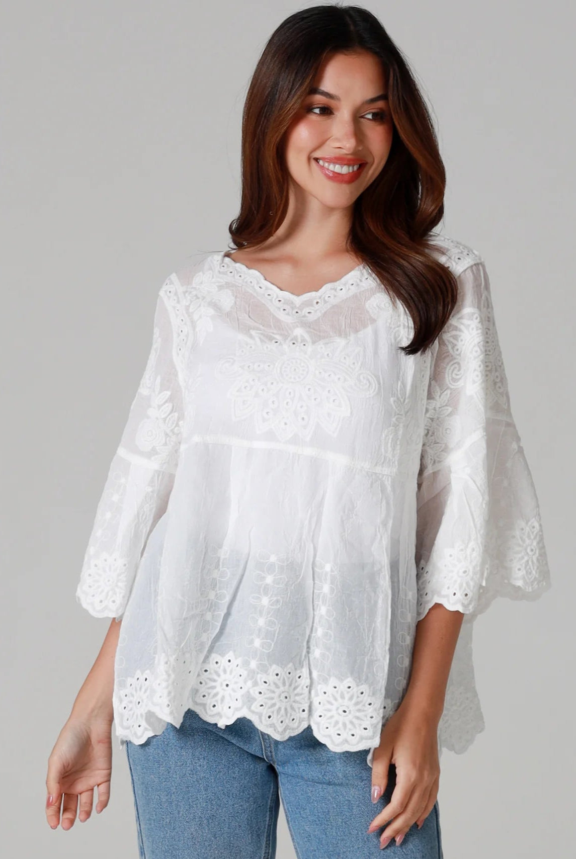 One size white embroidered cotton boho blouse with three-quarter sleeves - Marable Embroidered Cotton Top Australia.
