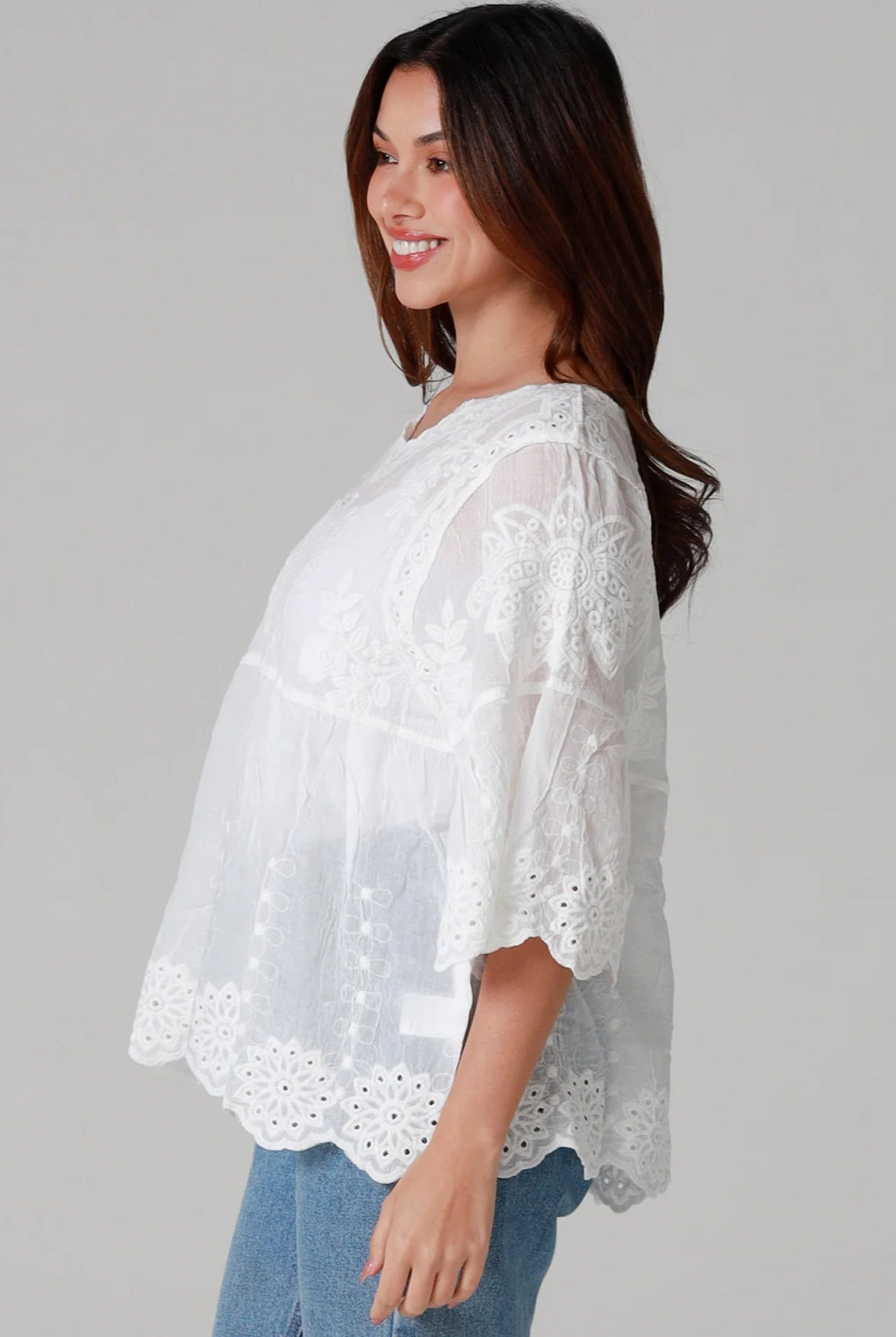 One size white embroidered cotton boho blouse with three-quarter sleeves - Marable Embroidered Cotton Top Australia.