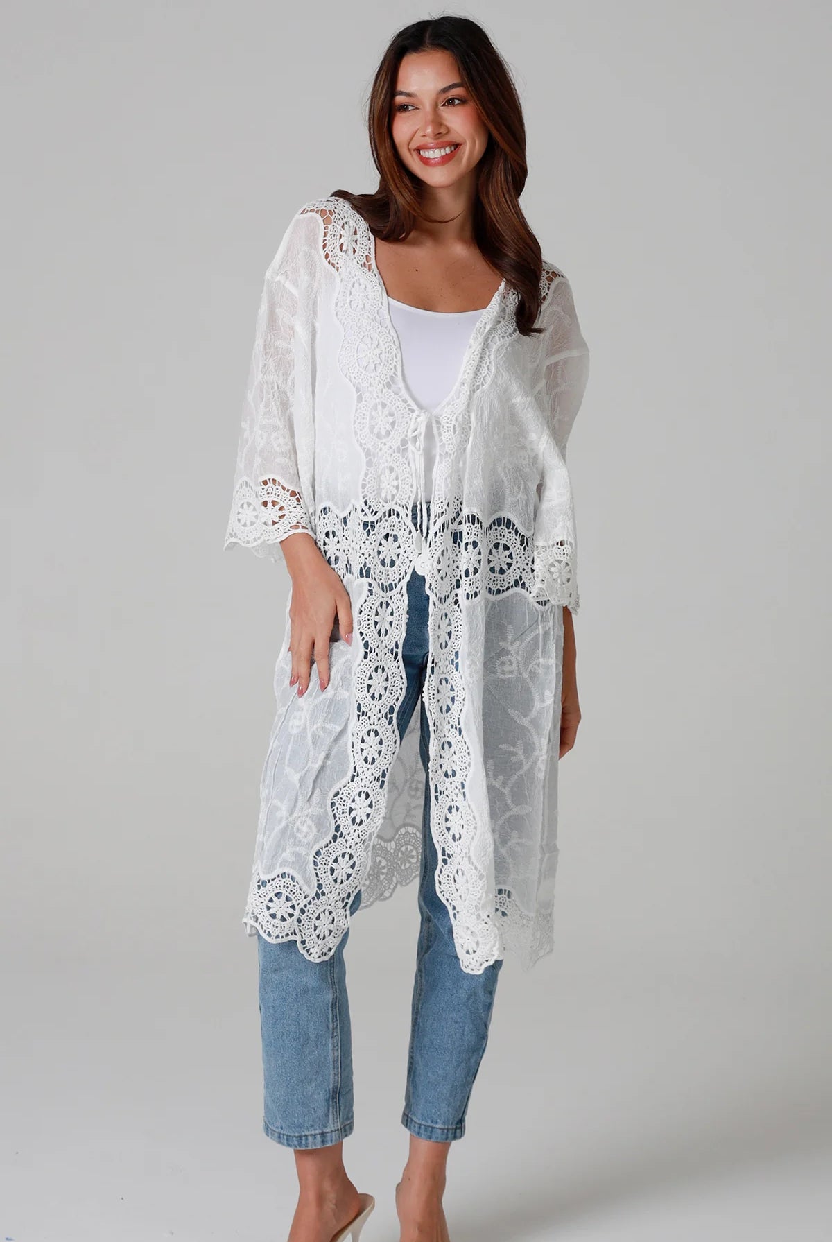 “White cotton kimono with floral embroidery and crochet panels mid-calf length – boho resort kimono Australia”
