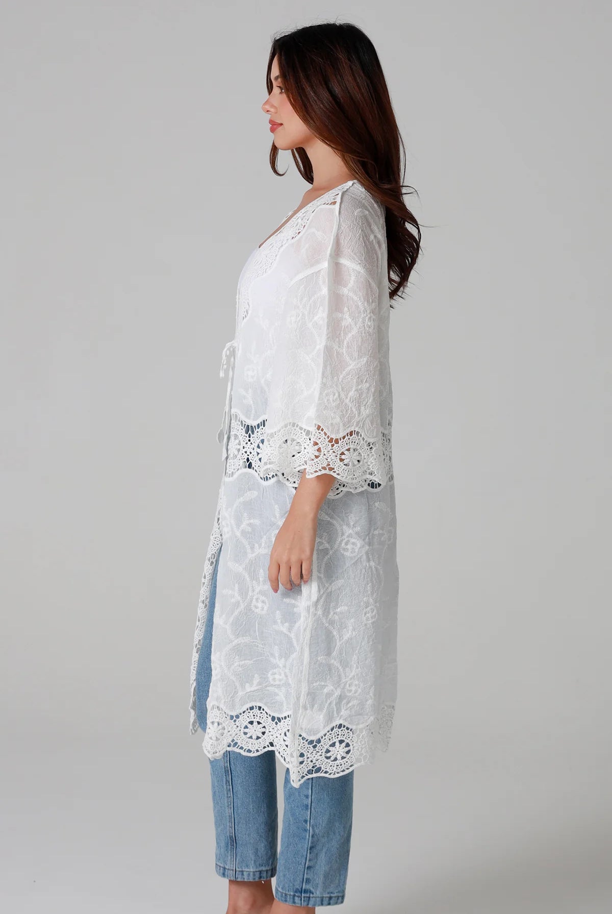 “White cotton kimono with floral embroidery and crochet panels mid-calf length – boho resort kimono Australia”