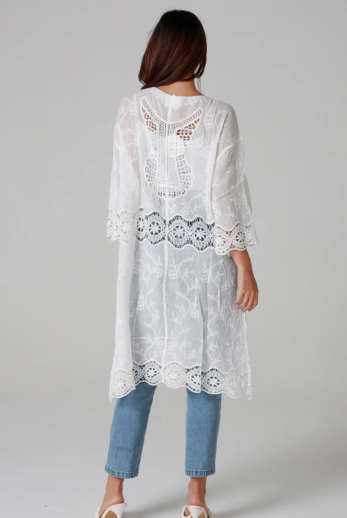 “White cotton kimono with floral embroidery and crochet panels mid-calf length – boho resort kimono Australia”
