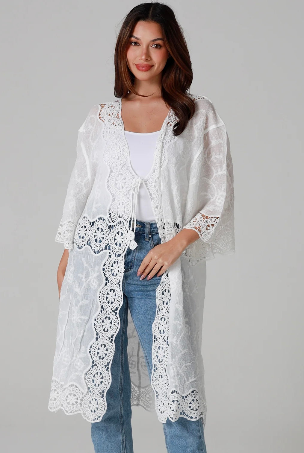 “White cotton kimono with floral embroidery and crochet panels mid-calf length – boho resort kimono Australia”