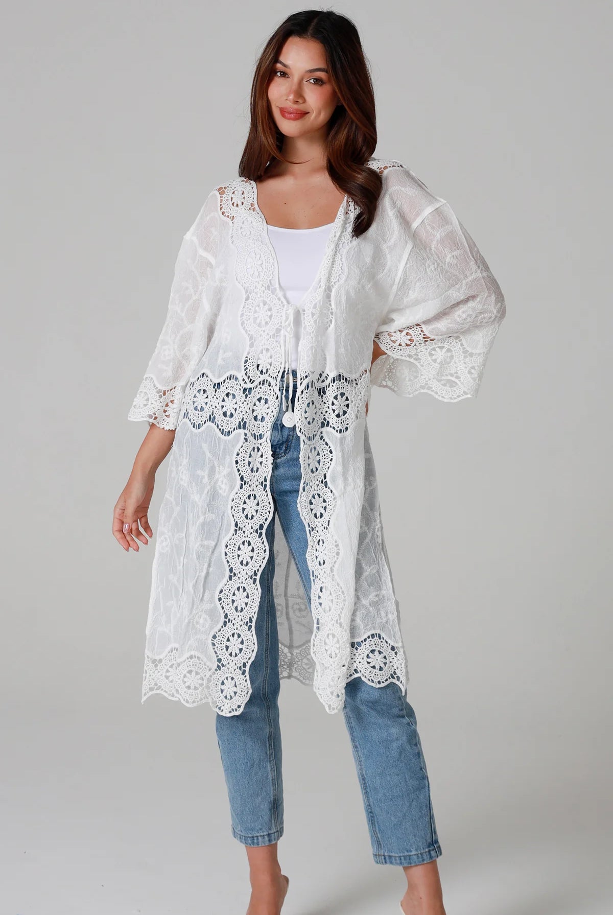 “White cotton kimono with floral embroidery and crochet panels mid-calf length – boho resort kimono Australia”