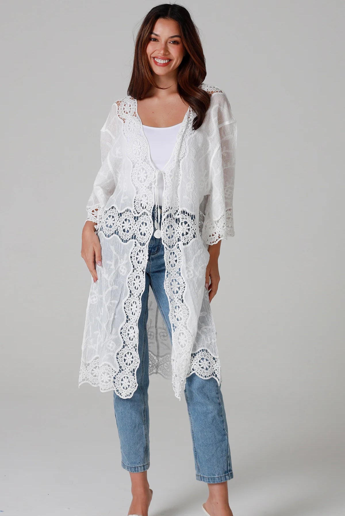 “White cotton kimono with floral embroidery and crochet panels mid-calf length – boho resort kimono Australia”