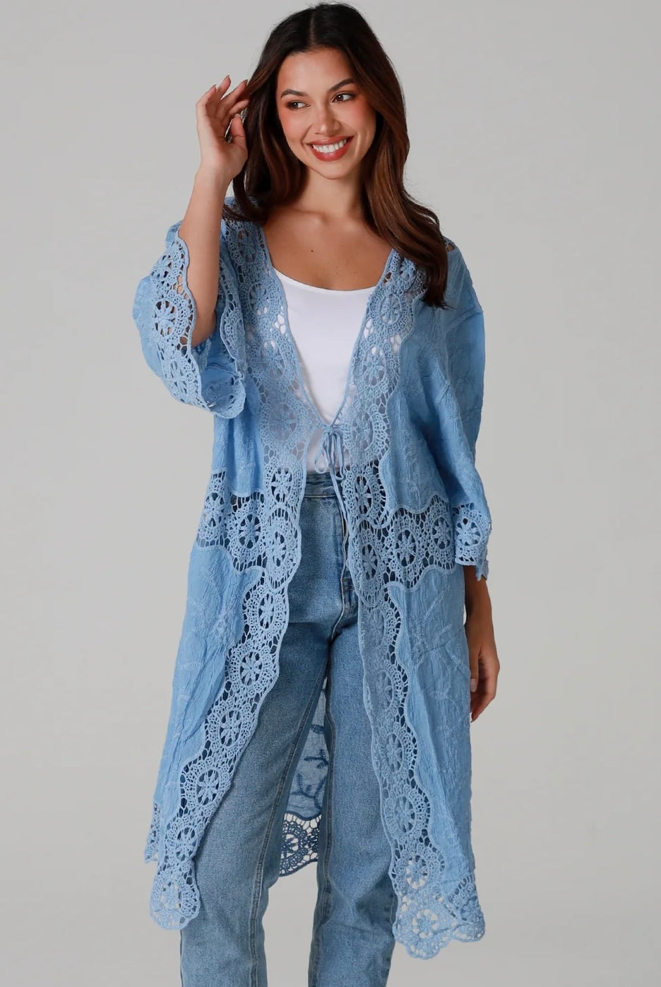 “Sky-blue cotton kimono with tonal blue embroidery and matching crochet panels mid-calf length – boho resort kimono by Willow The Label Australia”
