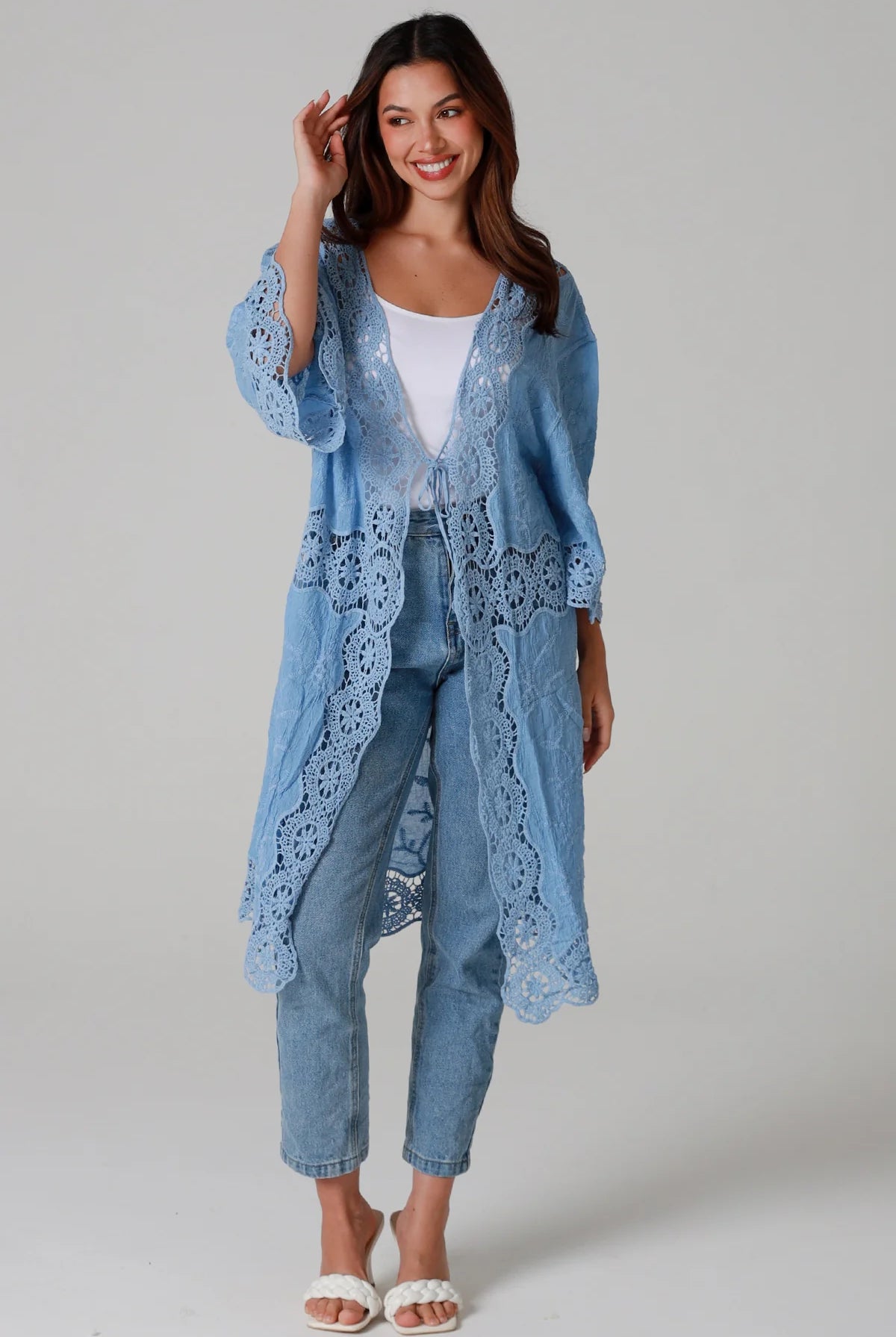 “Sky-blue cotton kimono with tonal blue embroidery and matching crochet panels mid-calf length – boho resort kimono by Willow The Label Australia”