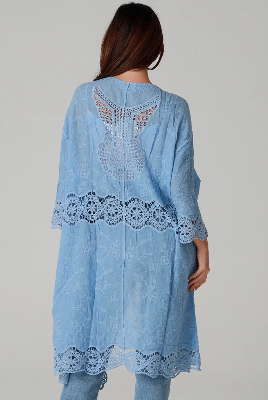 “Sky-blue cotton kimono with tonal blue embroidery and matching crochet panels mid-calf length – boho resort kimono by Willow The Label Australia”