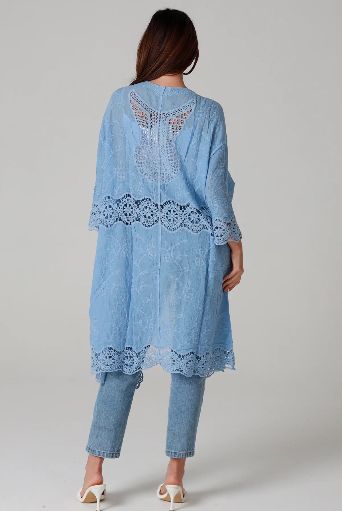 “Sky-blue cotton kimono with tonal blue embroidery and matching crochet panels mid-calf length – boho resort kimono by Willow The Label Australia”