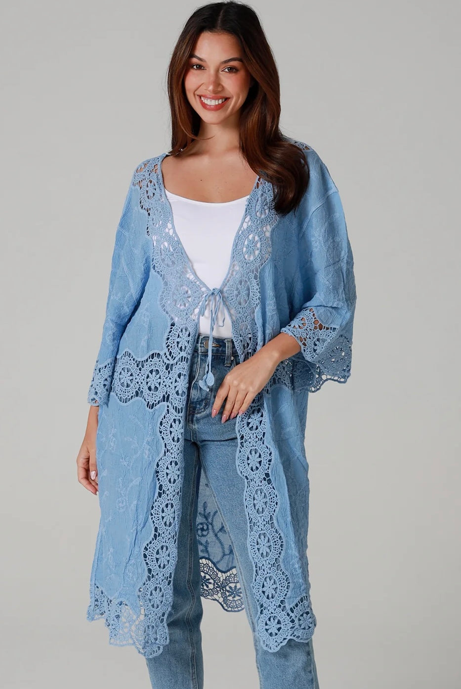 “Sky-blue cotton kimono with tonal blue embroidery and matching crochet panels mid-calf length – boho resort kimono by Willow The Label Australia”