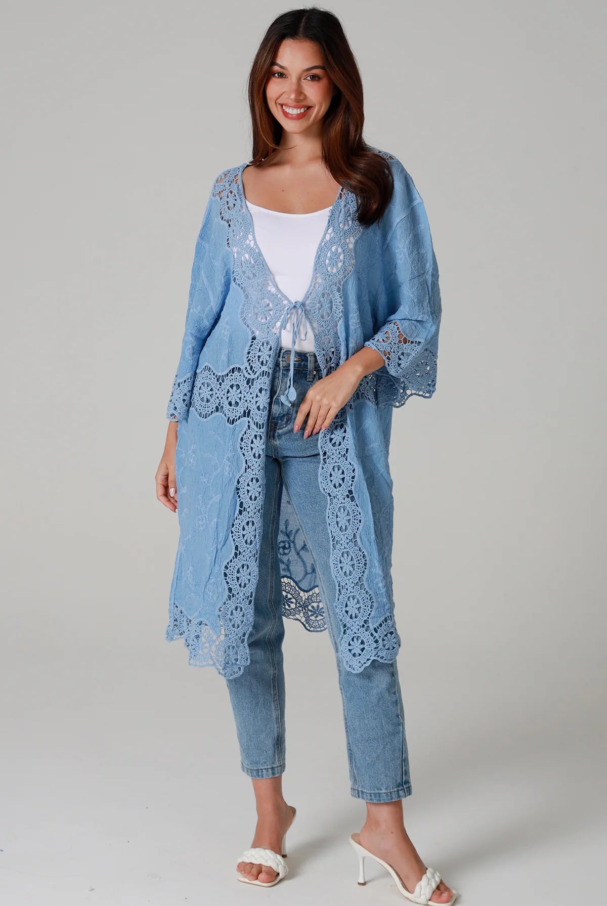 “Sky-blue cotton kimono with tonal blue embroidery and matching crochet panels mid-calf length – boho resort kimono by Willow The Label Australia”