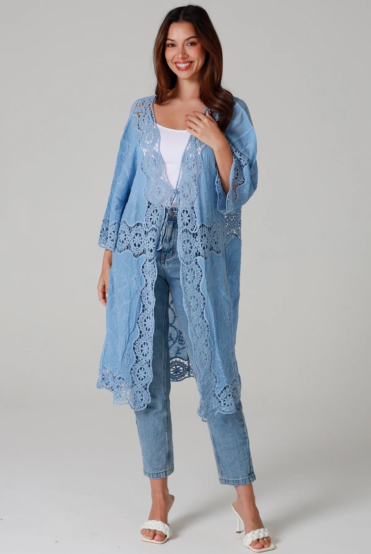 “Sky-blue cotton kimono with tonal blue embroidery and matching crochet panels mid-calf length – boho resort kimono by Willow The Label Australia”