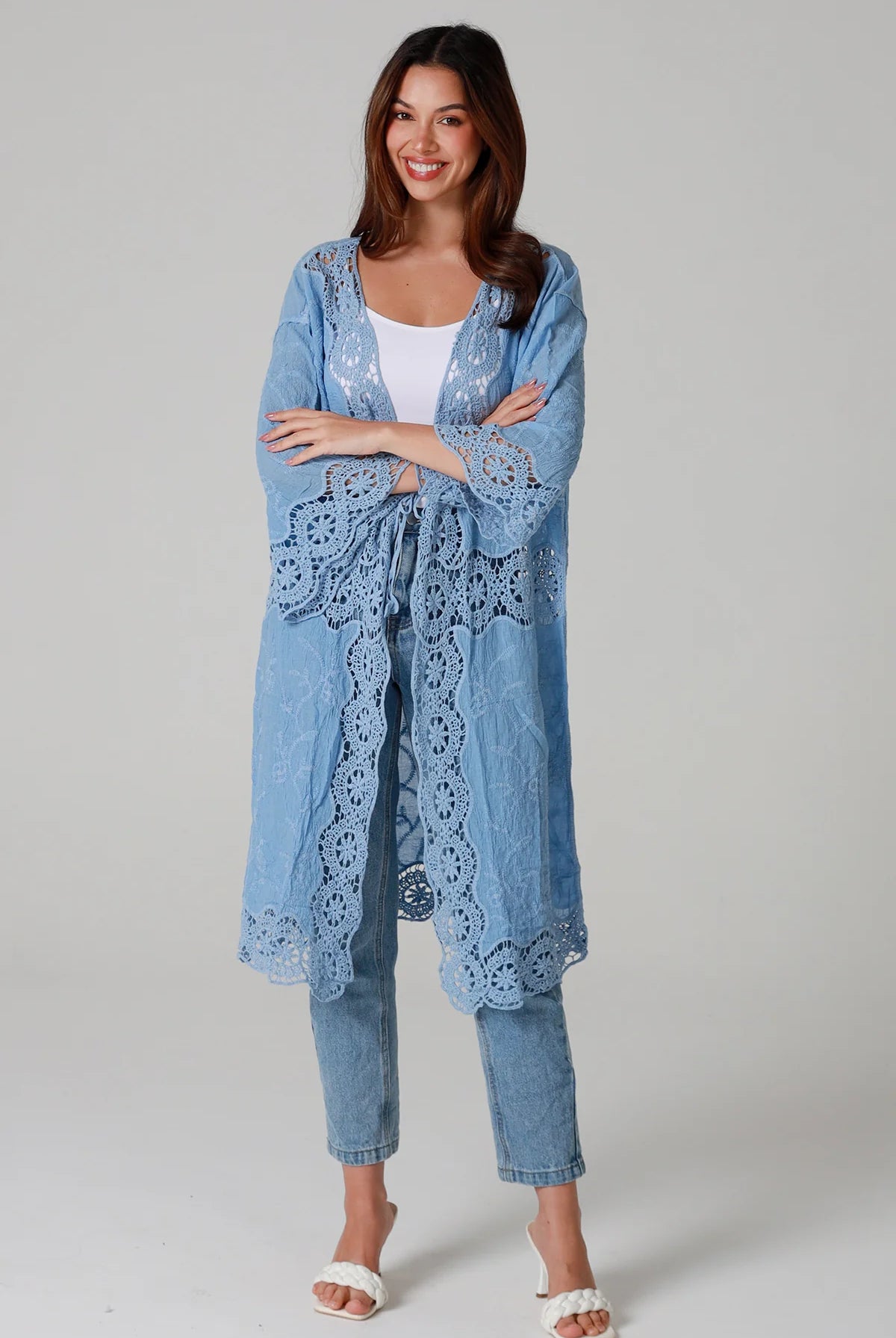 “Sky-blue cotton kimono with tonal blue embroidery and matching crochet panels mid-calf length – boho resort kimono by Willow The Label Australia”