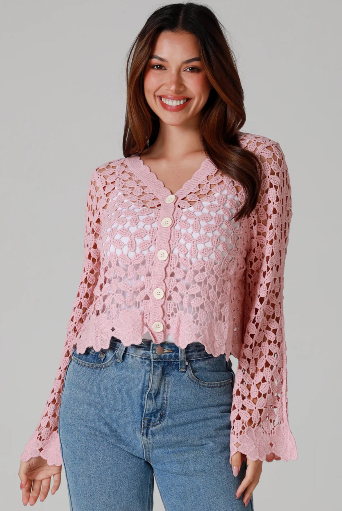 WILLOW | DAISY COTTON CROCHET CARDIGAN PINK | Bohemian Love Runway