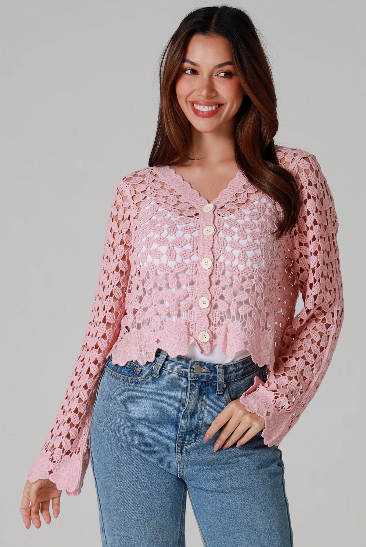 WILLOW | DAISY COTTON CROCHET CARDIGAN PINK | Bohemian Love Runway
