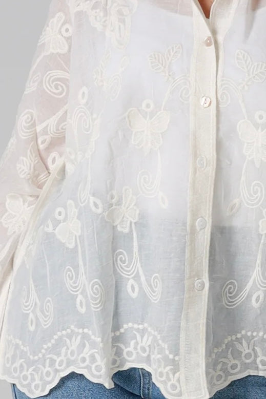 Cream cotton embroidered butterfly shirt with large butterfly embroidery across the back women’s boho top Australia