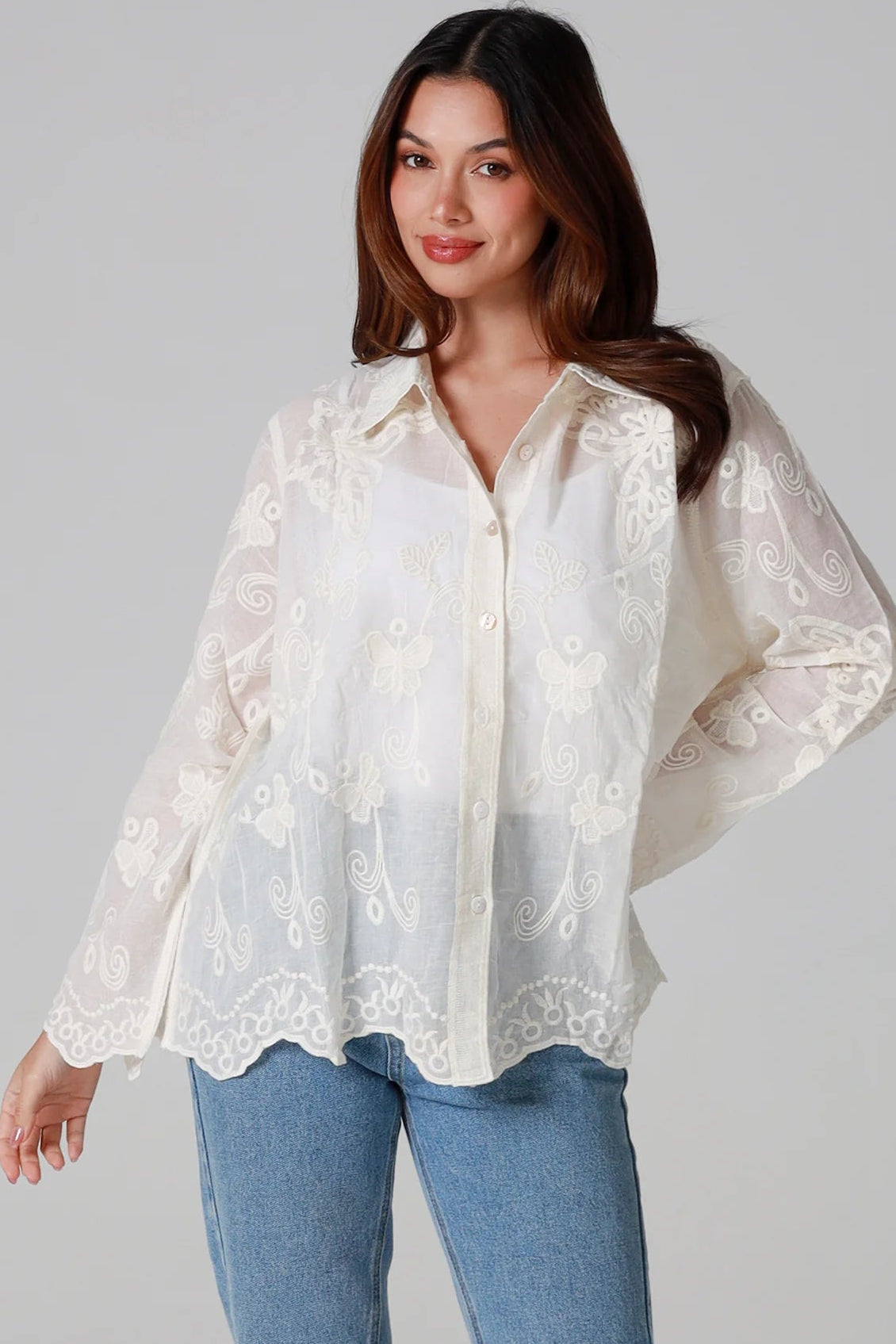 Cream cotton embroidered butterfly shirt with large butterfly embroidery across the back women’s boho top Australia