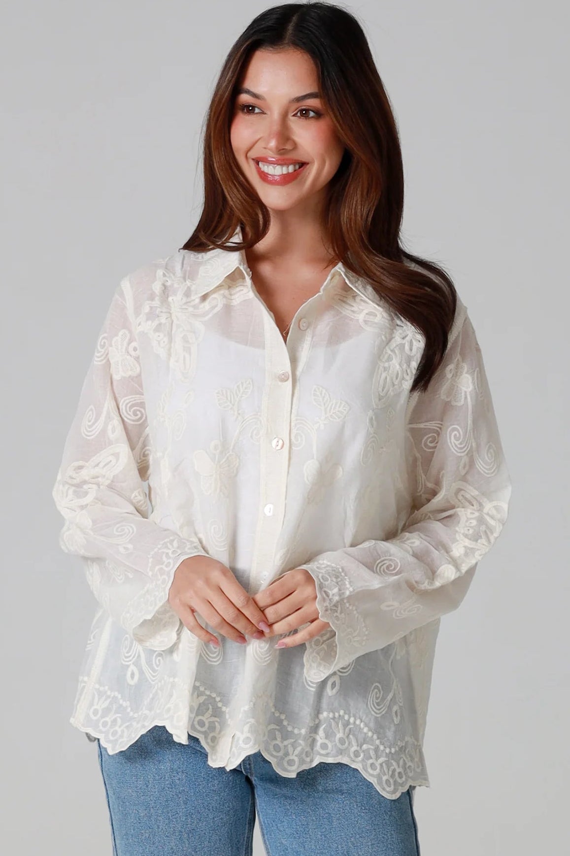 Cream cotton embroidered butterfly shirt with large butterfly embroidery across the back women’s boho top Australia