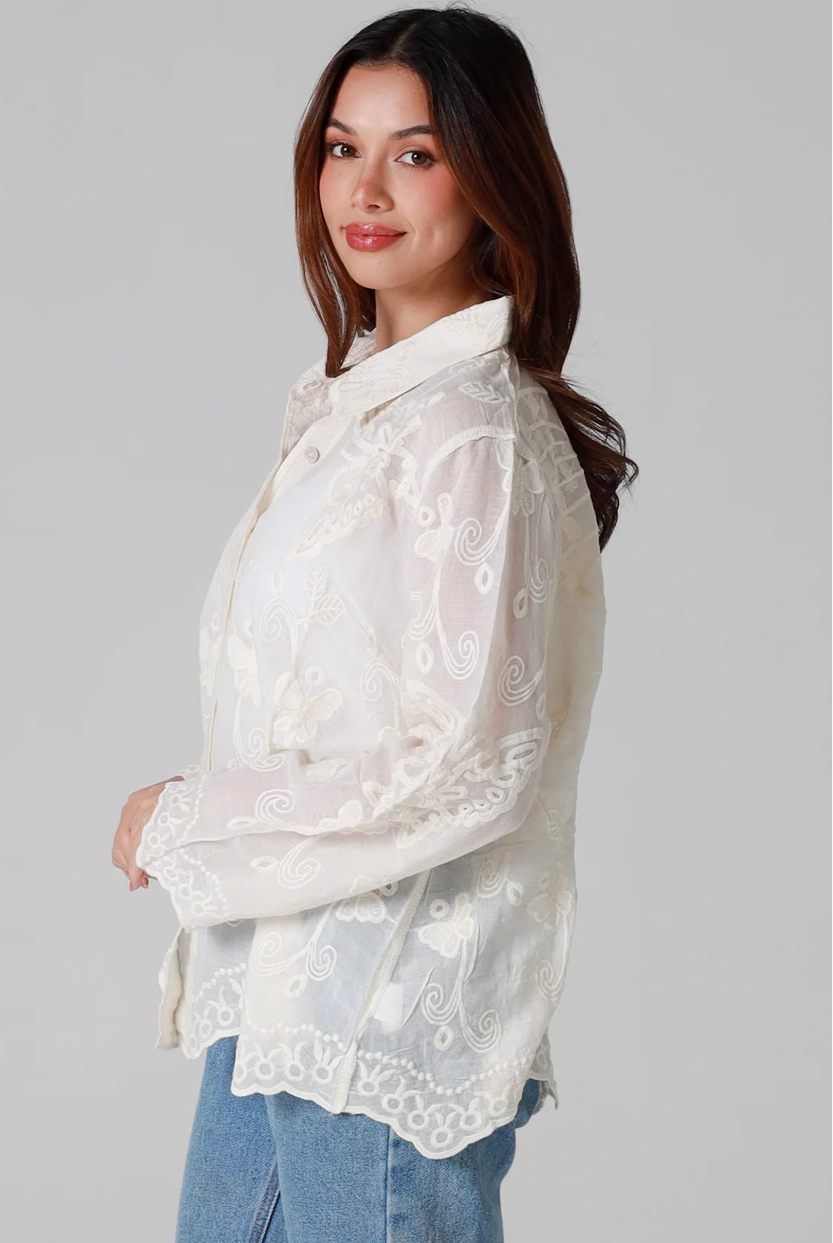 Cream cotton embroidered butterfly shirt with large butterfly embroidery across the back women’s boho top Australia