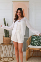 White cotton crochet cardigan with tie-front, long sleeves and round neck - boho knitwear Australia