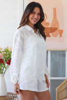 White embroidered cotton crochet shirt with scalloped cuffs and hem – Willow the Label summer resort style