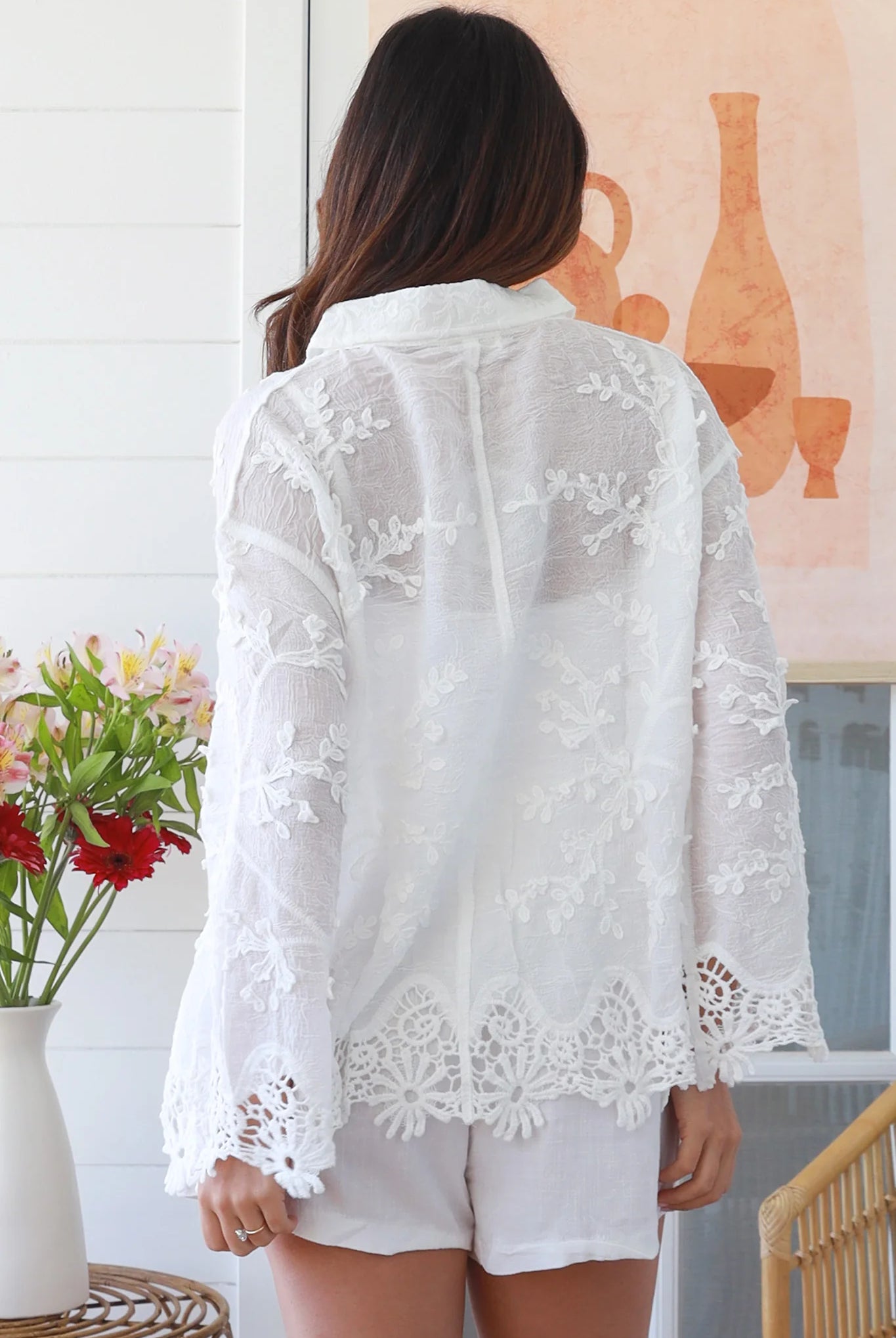 White embroidered cotton crochet shirt with scalloped cuffs and hem – Willow the Label summer resort style