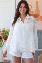 White embroidered cotton crochet shirt with scalloped cuffs and hem – Willow the Label summer resort style
