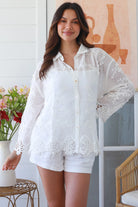 White embroidered cotton crochet shirt with scalloped cuffs and hem – Willow the Label summer resort style