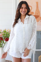 White embroidered cotton crochet shirt with scalloped cuffs and hem – Willow the Label summer resort style