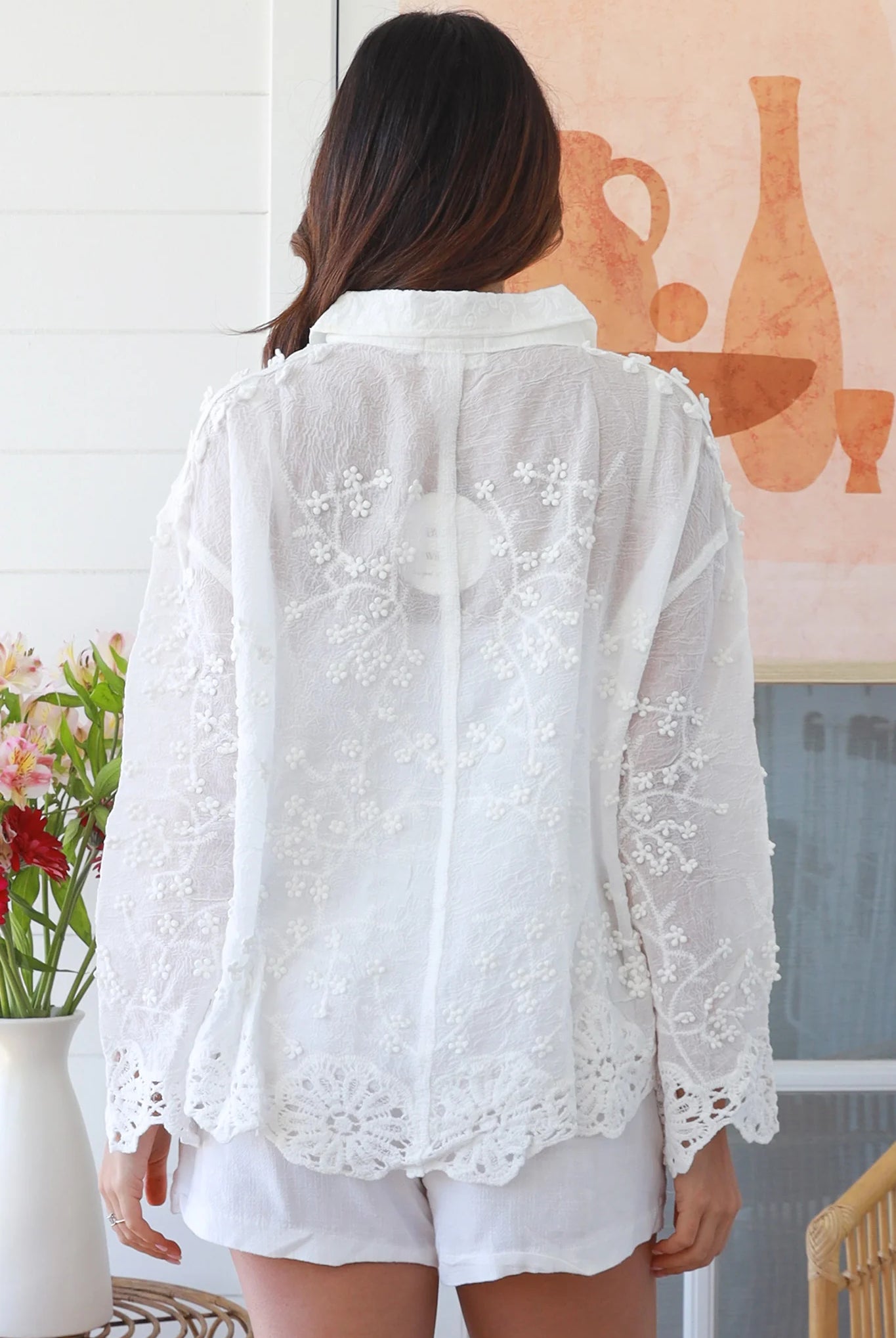 Close-up of white embroidered cotton boho shirt with shell buttons and long sleeves – Willow Lucinda Shirt Australia