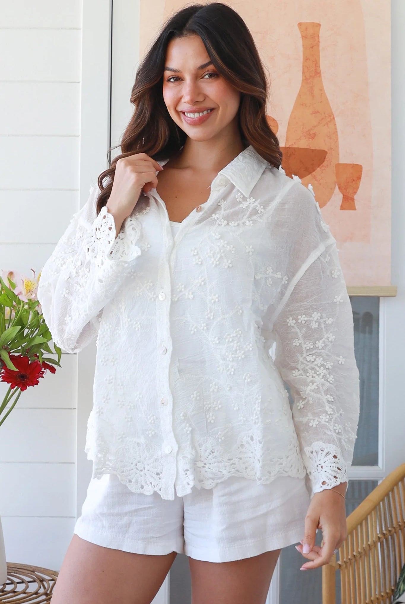 Close-up of white embroidered cotton boho shirt with shell buttons and long sleeves – Willow Lucinda Shirt Australia