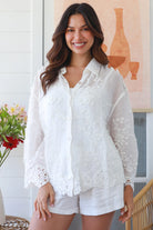 Close-up of white embroidered cotton boho shirt with shell buttons and long sleeves – Willow Lucinda Shirt Australia