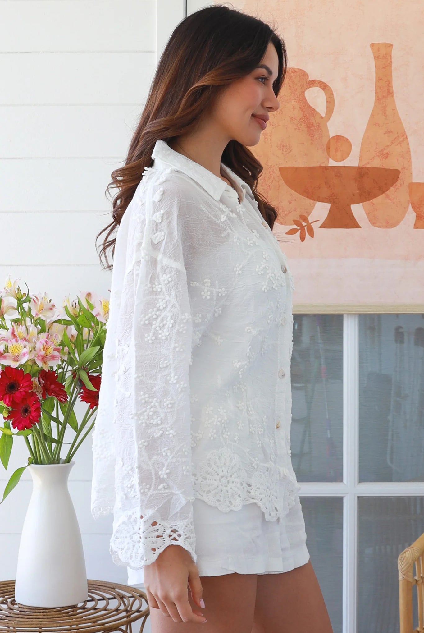 Close-up of white embroidered cotton boho shirt with shell buttons and long sleeves – Willow Lucinda Shirt Australia