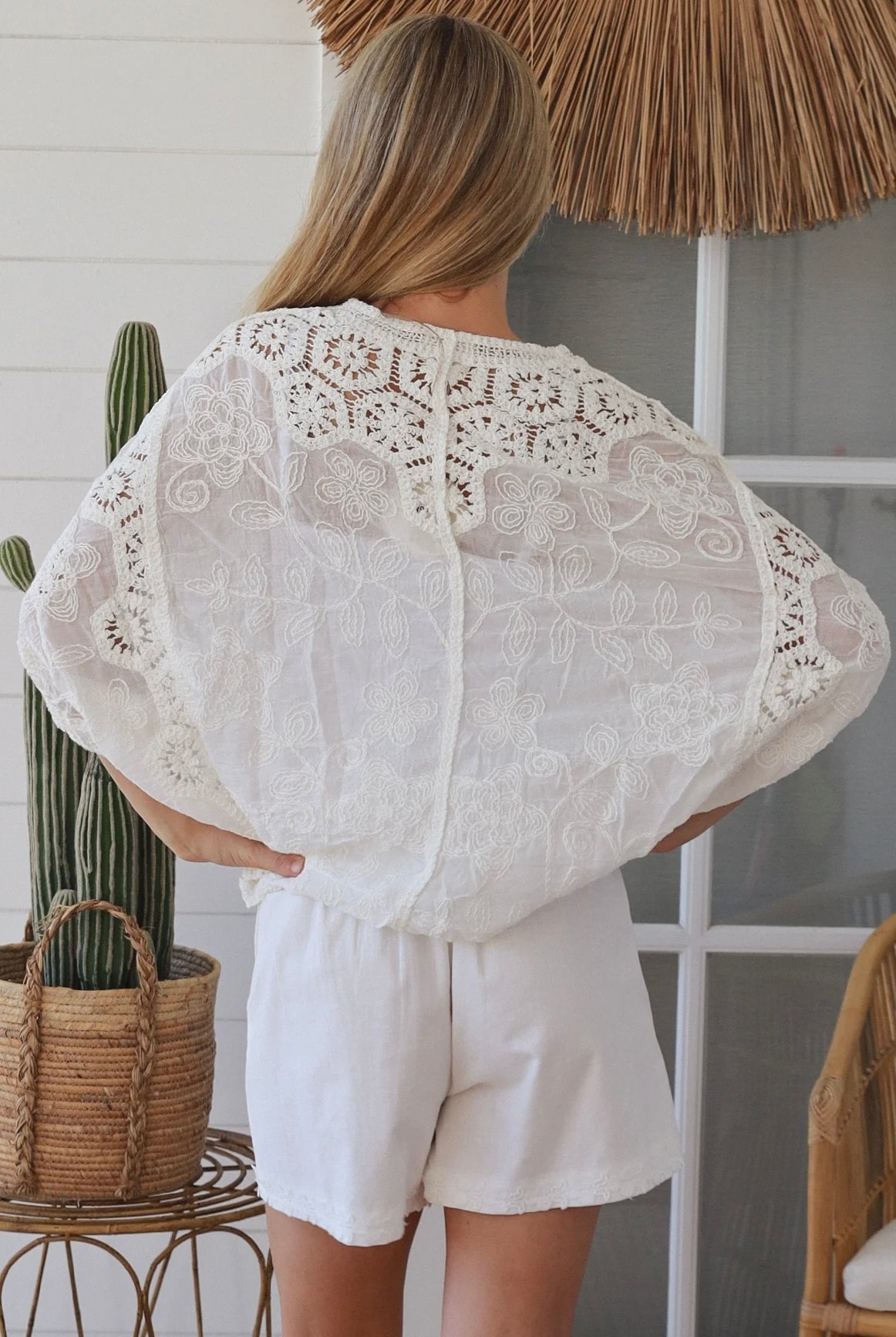 White crochet cotton top with embroidery and button front half sleeves - Boho style one size AU 8-14 | Bohemian Love Runway