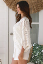 White crochet cotton top with embroidery and button front half sleeves - Boho style one size AU 8-14  | Bohemian Love Runway
