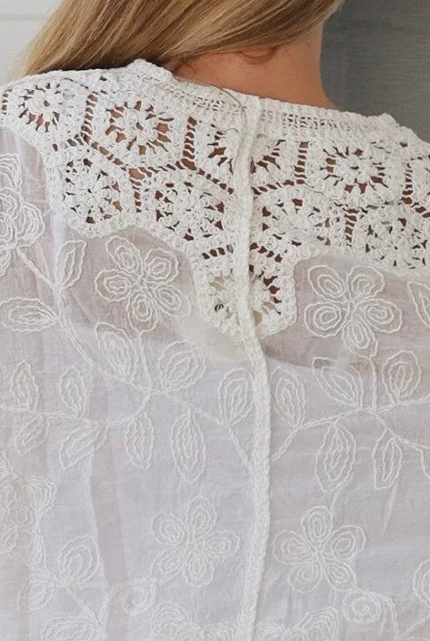White crochet cotton top with embroidery and button front half sleeves - Boho style one size AU 8-14 | Bohemian Love Runway