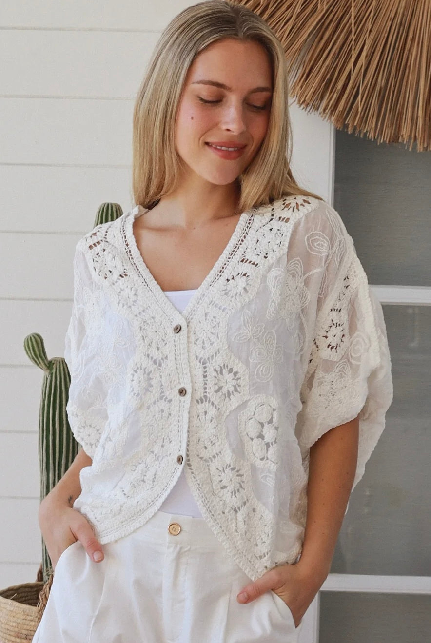 White crochet cotton top with embroidery and button front half sleeves - Boho style one size AU 8-14 | Bohemian Love Runway