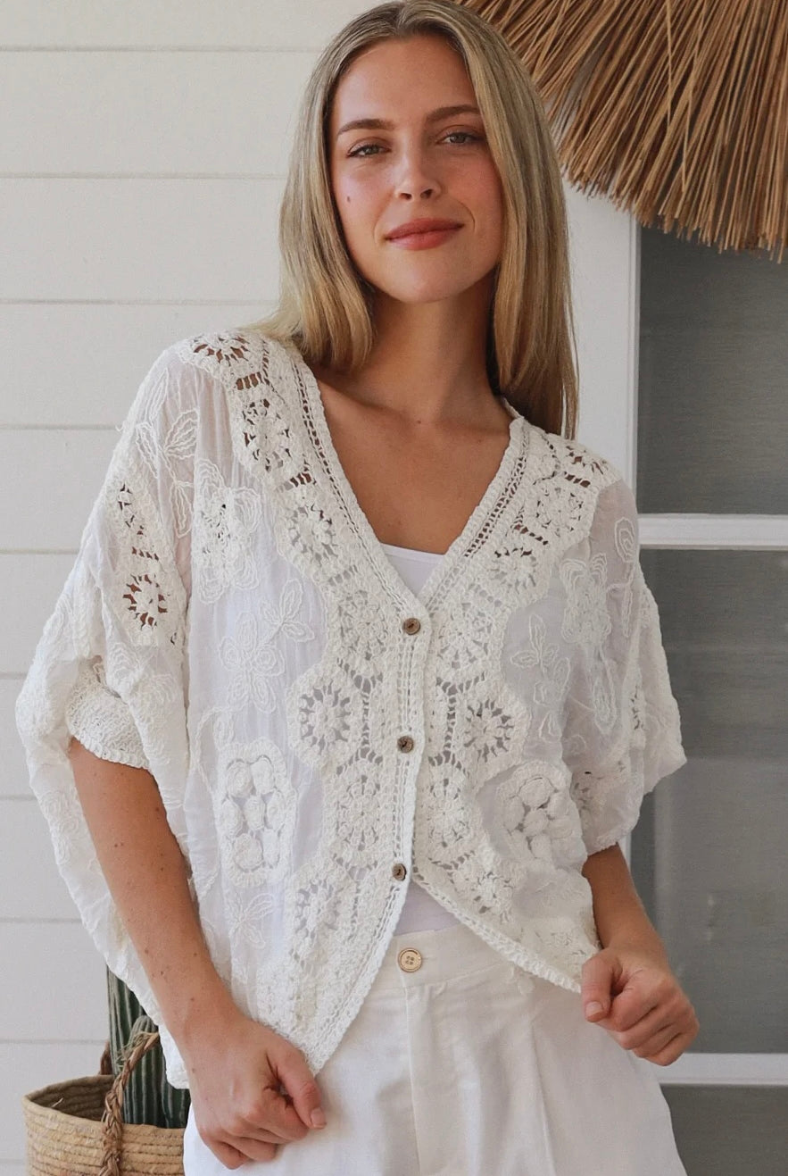 White crochet cotton top with embroidery and button front half sleeves - Boho style one size AU 8-14 | Bohemian Love Runway