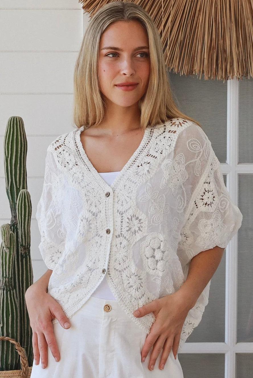 White crochet cotton top with embroidery and button front half sleeves - Boho style one size AU 8-14 | Bohemian Love Runway