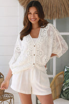 White crochet cotton top with embroidery and button front half sleeves - Boho style one size AU 8-14 | Bohemian Love Runway