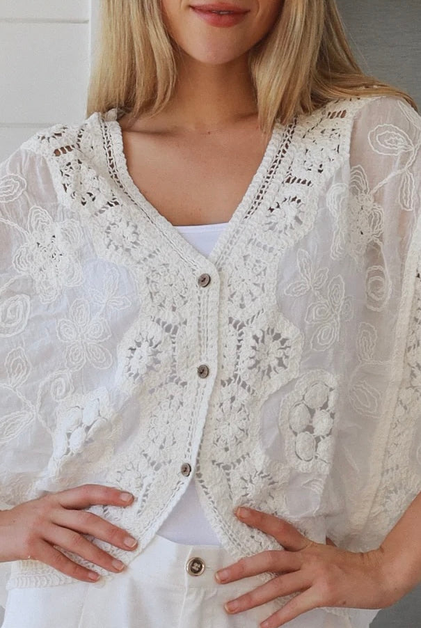 White crochet cotton top with embroidery and button front half sleeves - Boho style one size AU 8-14 | Bohemian Love Runway
