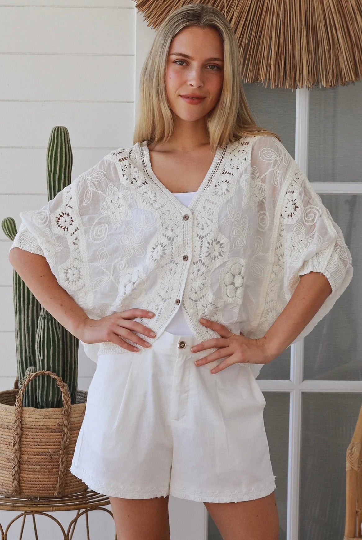 White crochet cotton top with embroidery and button front half sleeves - Boho style one size AU 8-14 | Bohemian Love Runway