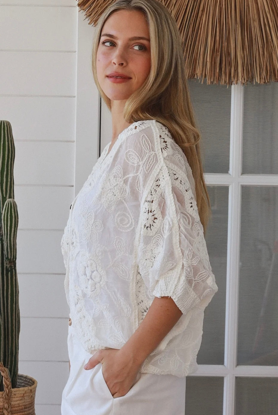 White crochet cotton top with embroidery and button front half sleeves - Boho style one size AU 8-14 | Bohemian Love Runway