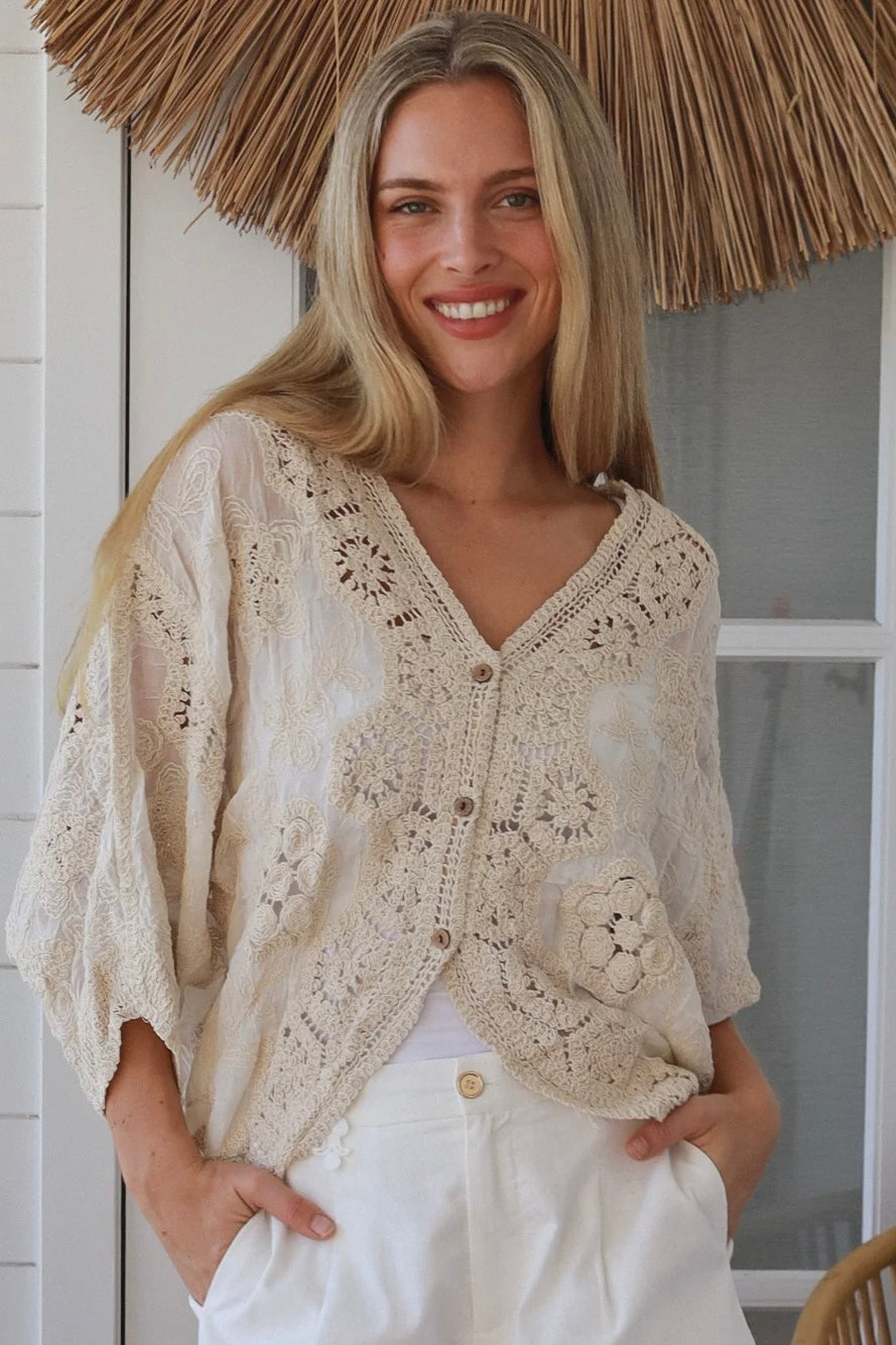 Melrose cream embroidered cotton crochet top by Willow the Label with floral embroidery and statement crochet back