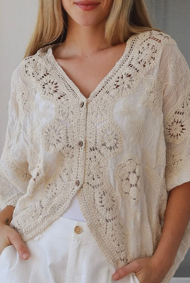 Melrose cream embroidered cotton crochet top by Willow the Label with floral embroidery and statement crochet back