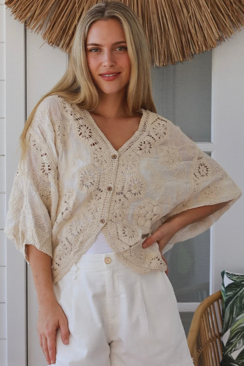 Melrose cream embroidered cotton crochet top by Willow the Label with floral embroidery and statement crochet back
