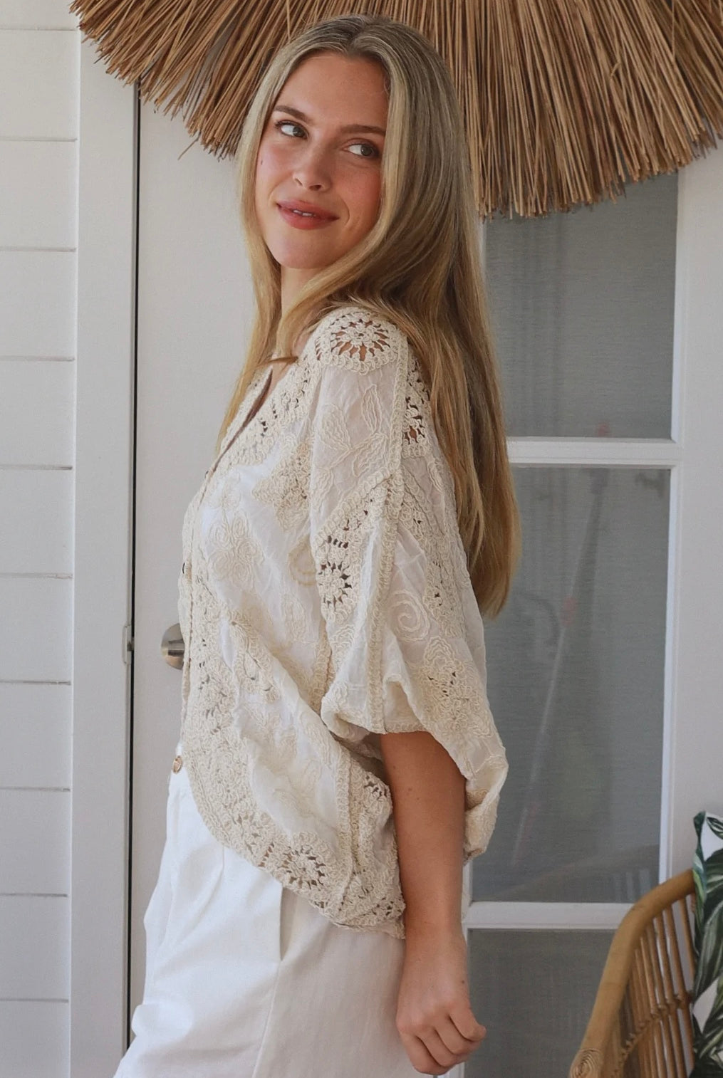 Melrose cream embroidered cotton crochet top by Willow the Label with floral embroidery and statement crochet back