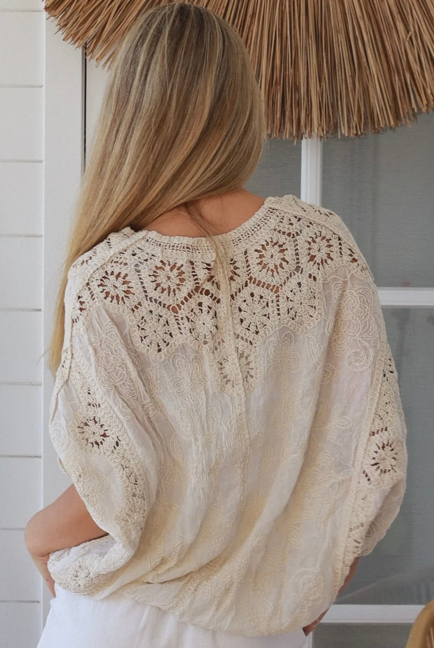 Melrose cream embroidered cotton crochet top by Willow the Label with floral embroidery and statement crochet back